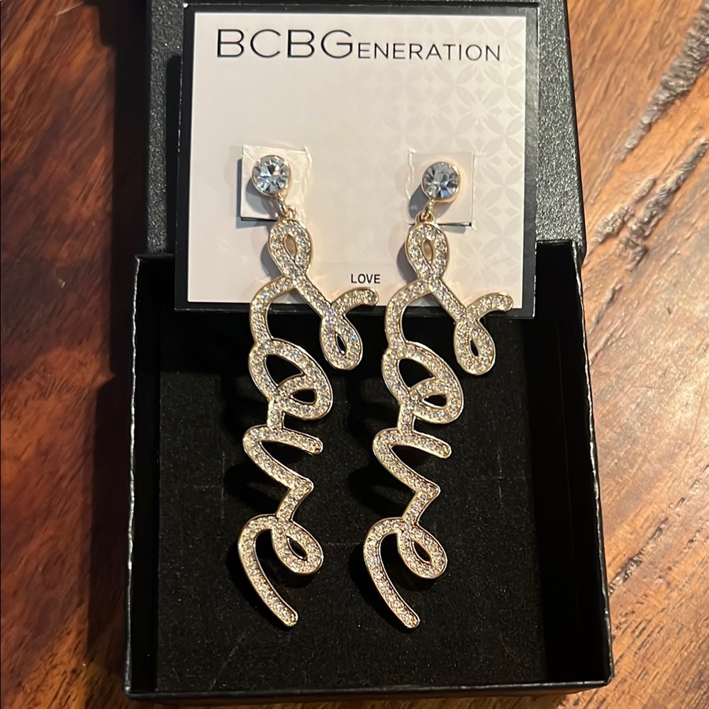BCBGeneration Gold and Silver LOVE Script drop Earrings
